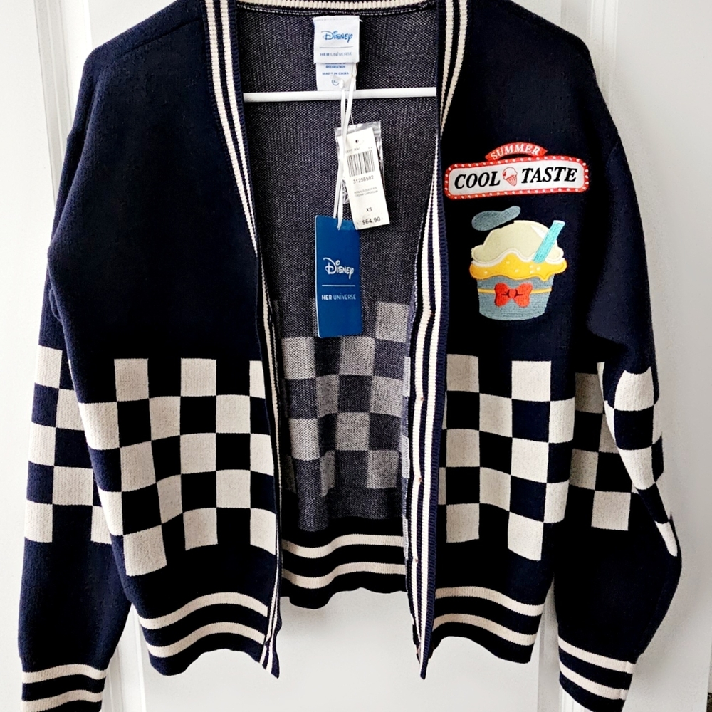 Disney Navy and White Checkered Cardigan with Ice Cream Design